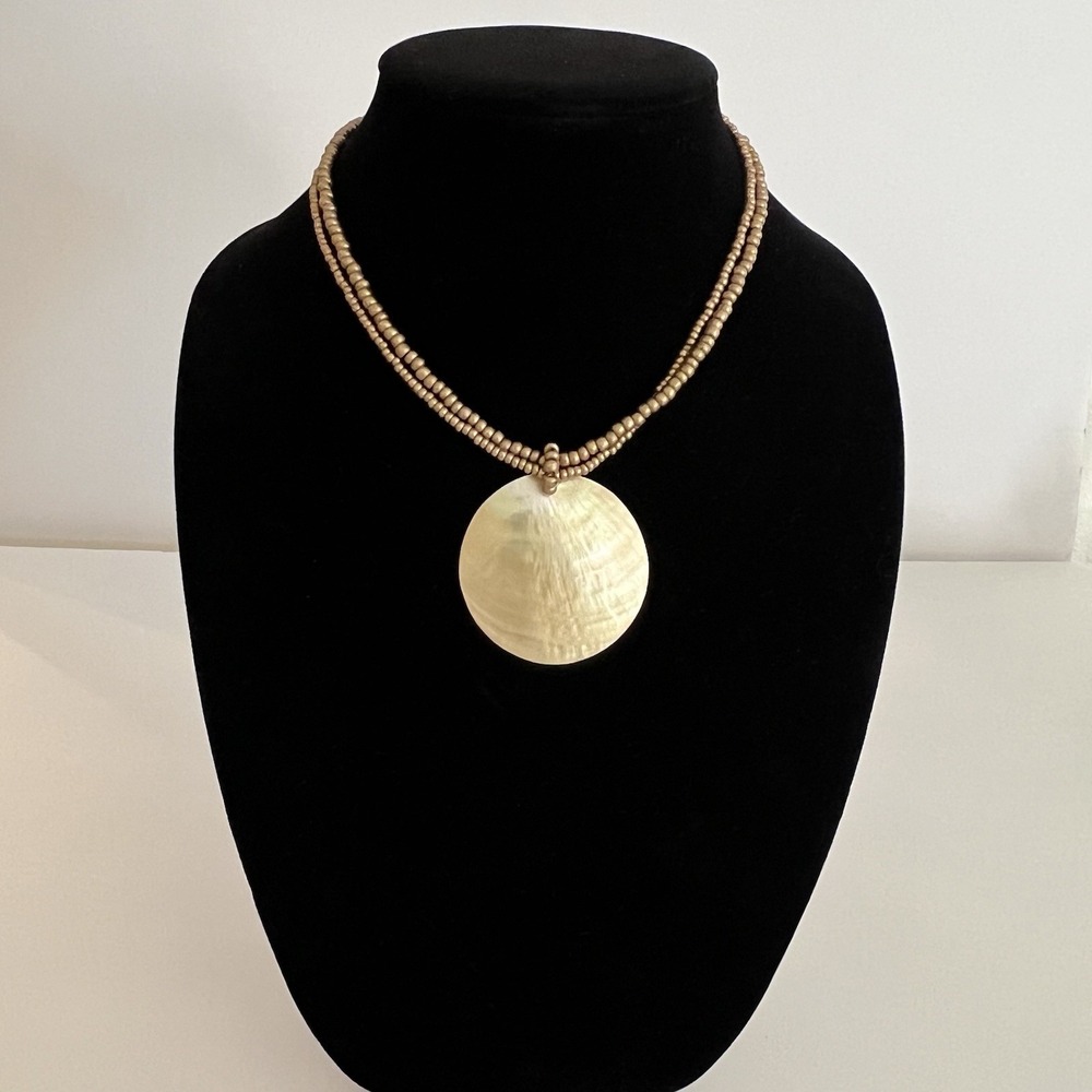 Gold Tone Shell Pendant Two Strand Beaded Choker Necklace Boho Cookie Lee